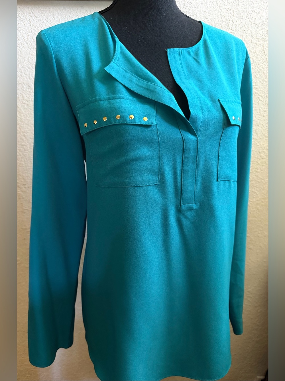 Ellen Tracy Teal Long-Sleeve Split-Neck Blouse w/ Gold Studs on pocket & sleeves